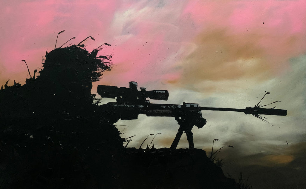 Modern war art, sniper in firing position. All edges painted black, painting is ready to hang in your man cave, gym or office